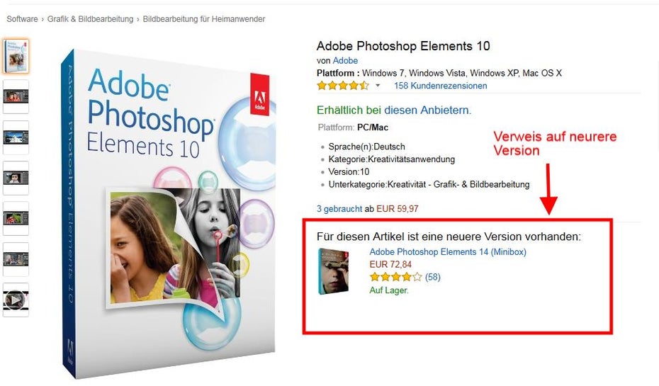 Verweis auf eine neuere Produktversion bei amazon.de. (Screenshot: amazon.de)