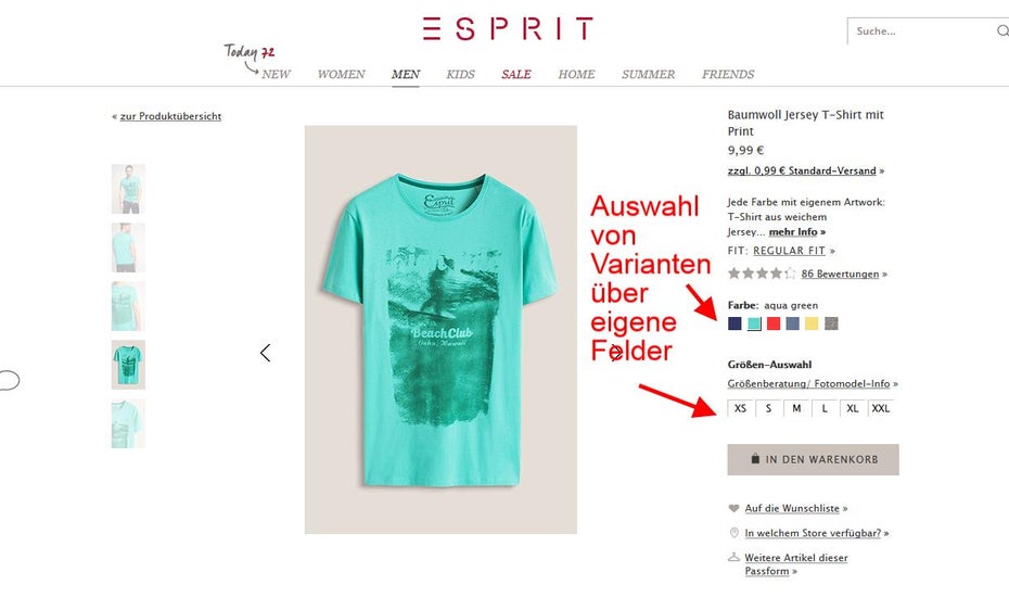 Produktvarianten im Interface bei esprit.de auswählen. (Screenshot: esprit.de)