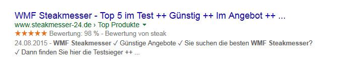 Durch Markups als Sterne angezeigte Bewertungen in Search-Snippet. (Screenshot: Google)