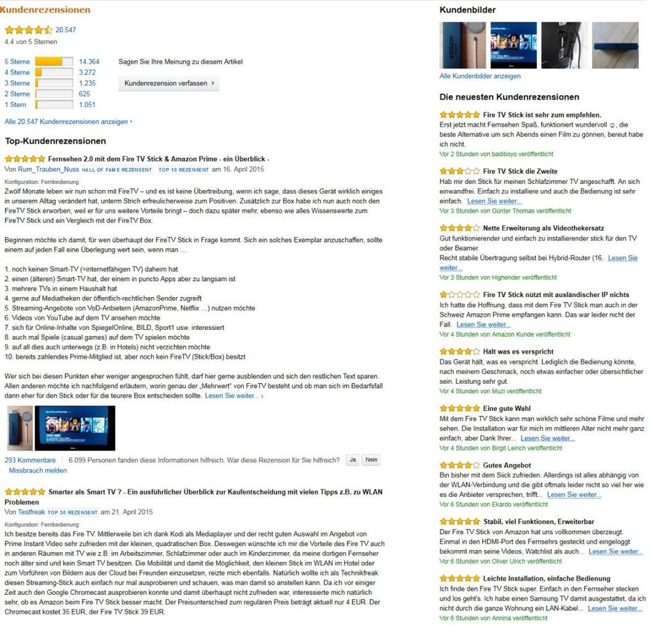 Kundenmeinungen zu Amazons Fire-Stick. (Screenshot: Amazon)