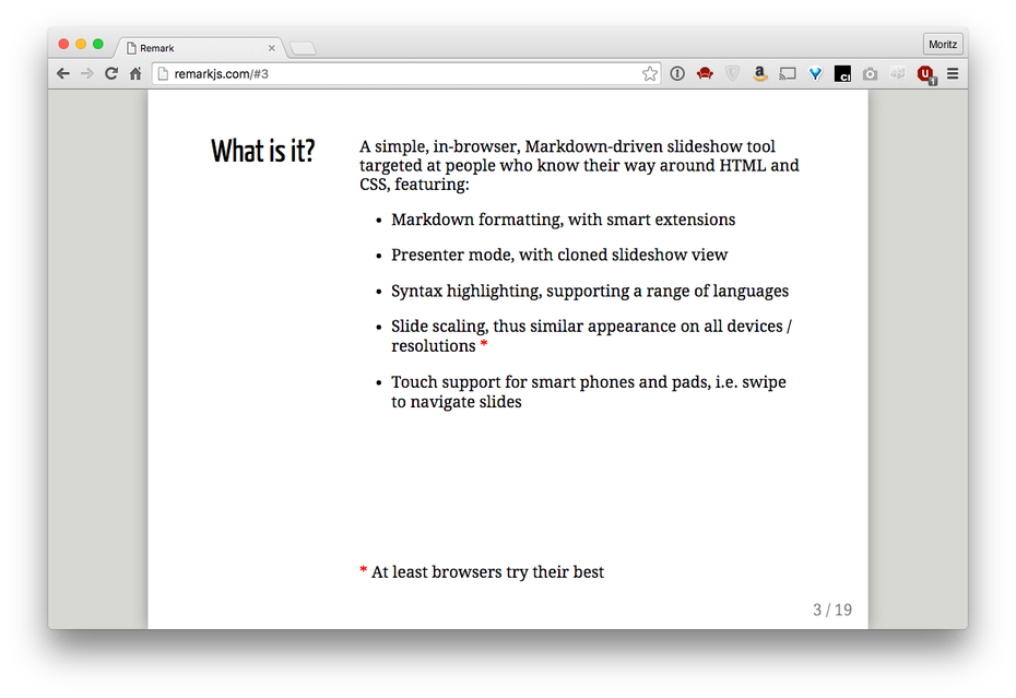Mit Remark.js kann eine Markdown-Präsentation innerhalb einer HTML-Datei erstellt und mittels CSS gestyled werden: Viele Möglichkeiten, aber eine hohe Einstiegshürde. (Screenshot: t3n)