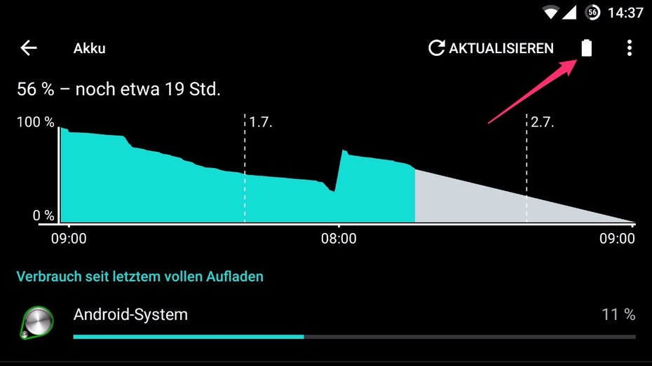 Um an die Einstellungen zu gelangen, tippt auf das unscheinbare Akku-Symbol. (Bild: t3n)