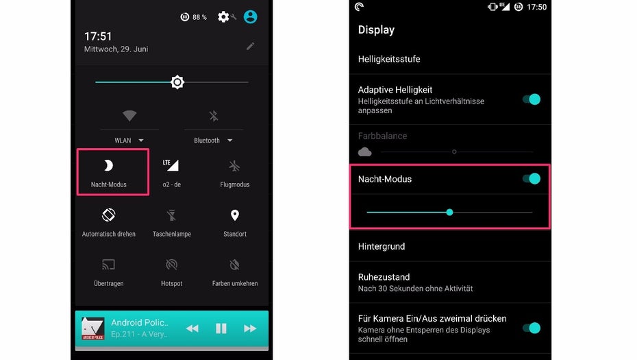 Den Nachtmodus könnt ihr direkt in den Schnelleinstellungen anstellen. (Bild: t3n)