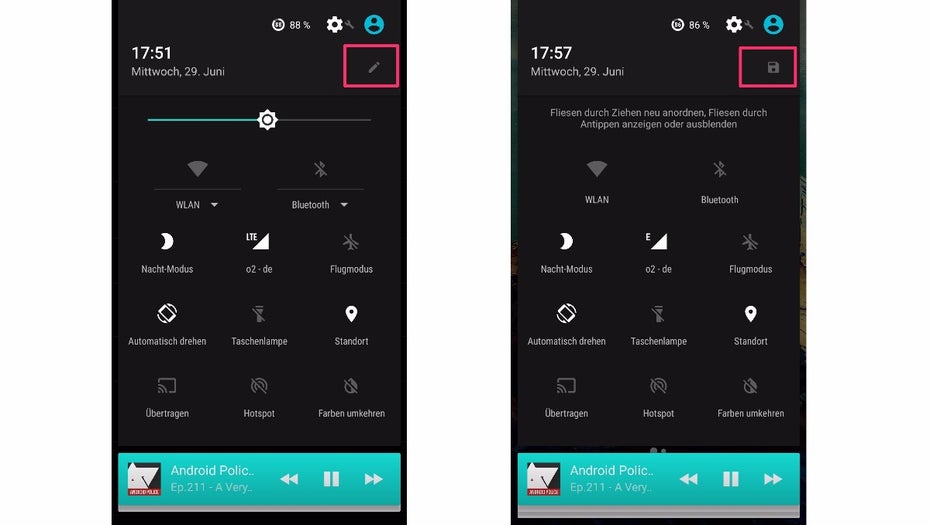 Die Quicksettings sind beliebig sortierbar. (Bild: t3n)