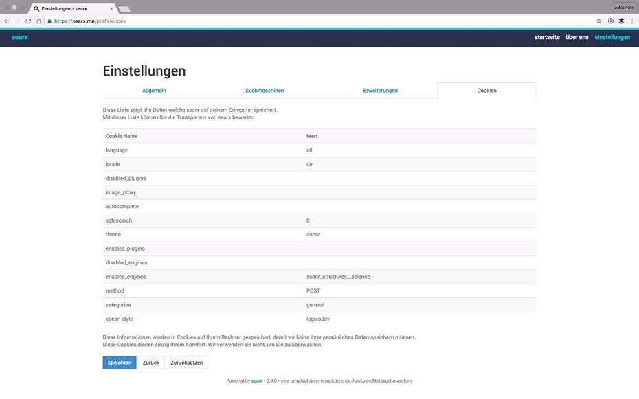 Searx bietet viele Einstellungen und zeigt unter anderem an, welche Cookies im Browser gespeichert sind. (Screenshot: Searx)