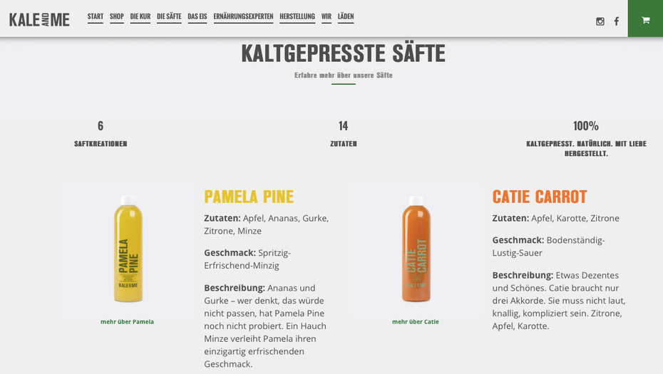 Auf der Seite von Kale and me finden sich die Zutaten der unterschiedlichen Säfte. (Screenshot: Kale and me)
