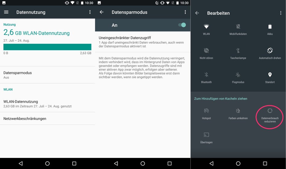 Der Datensparmodus, auch Data Saver, von Android 7.0 lässt sich direkt aus der Benachrichtigungsleiste aktivieren. (Screenshot: t3n)