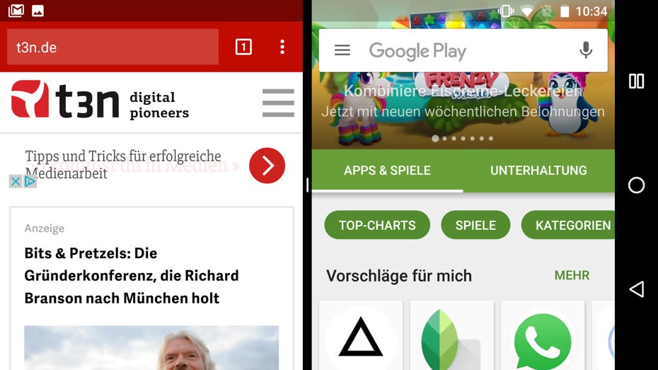 Multi-Window-Modus ist unter Android 7.0: Auch auf dem Smartphone nutzbar. (Screenshot: t3n)