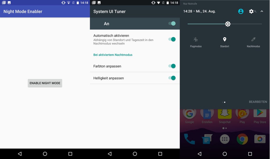 Mit dem Night-Mode-Enabler könnt ihr den Nachtmodus unter Android 7.0 nutzen, obwohl Google ihn offiziell nicht bereitstellt. (Screenshot: t3n)