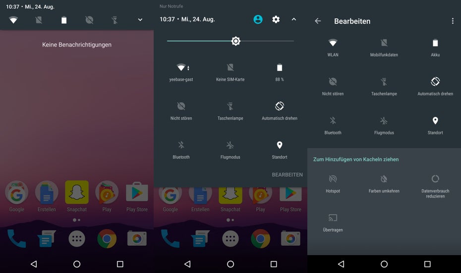 Die Schnelleinstellungen unter Android 7.0 lassen sich einfach über den „Bearbeiten“-Button arrangieren. (Screenshot: t3n)