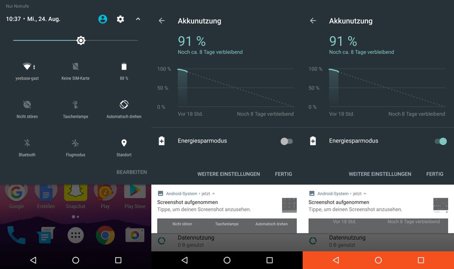 Mit den neuen Quick-Settings lässt sich beispielsweise der Energiesparmodus rasch erreichen. (Screenshot: t3n)