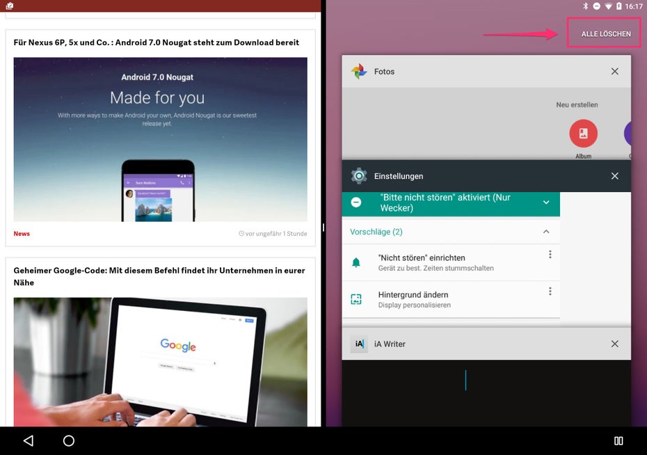 Etwas versteckt: Der Button „Alle löschen“ entfernt alle Apps aus der Multi-Tasking-Übersicht. (Screenshot: t3n)