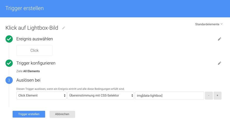 Der ausgewählte Trigger löst bei einem Klick aus. (Screenshot: Google Tag Manager)