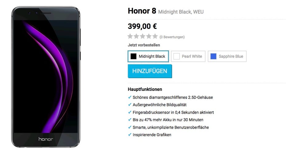 Das Honor 8 kann ab sofort bestellt werden. (Screenshot: Vmall)