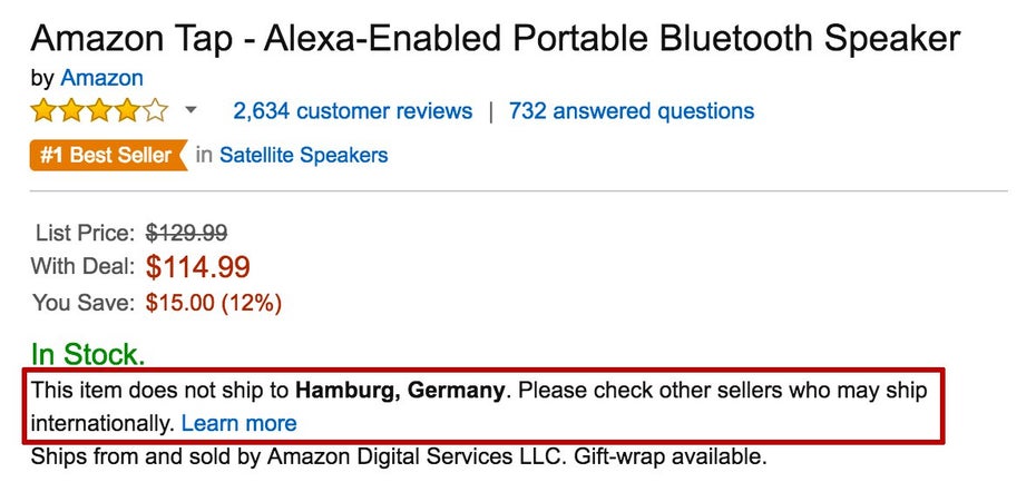 Eine Nachricht die keiner gerne liest: Viele Technik-Produkte werden nicht nach Deutschland geliefert. Paketweiterleitungs-Dienste können helfen. (Screenshot: amazon.com)