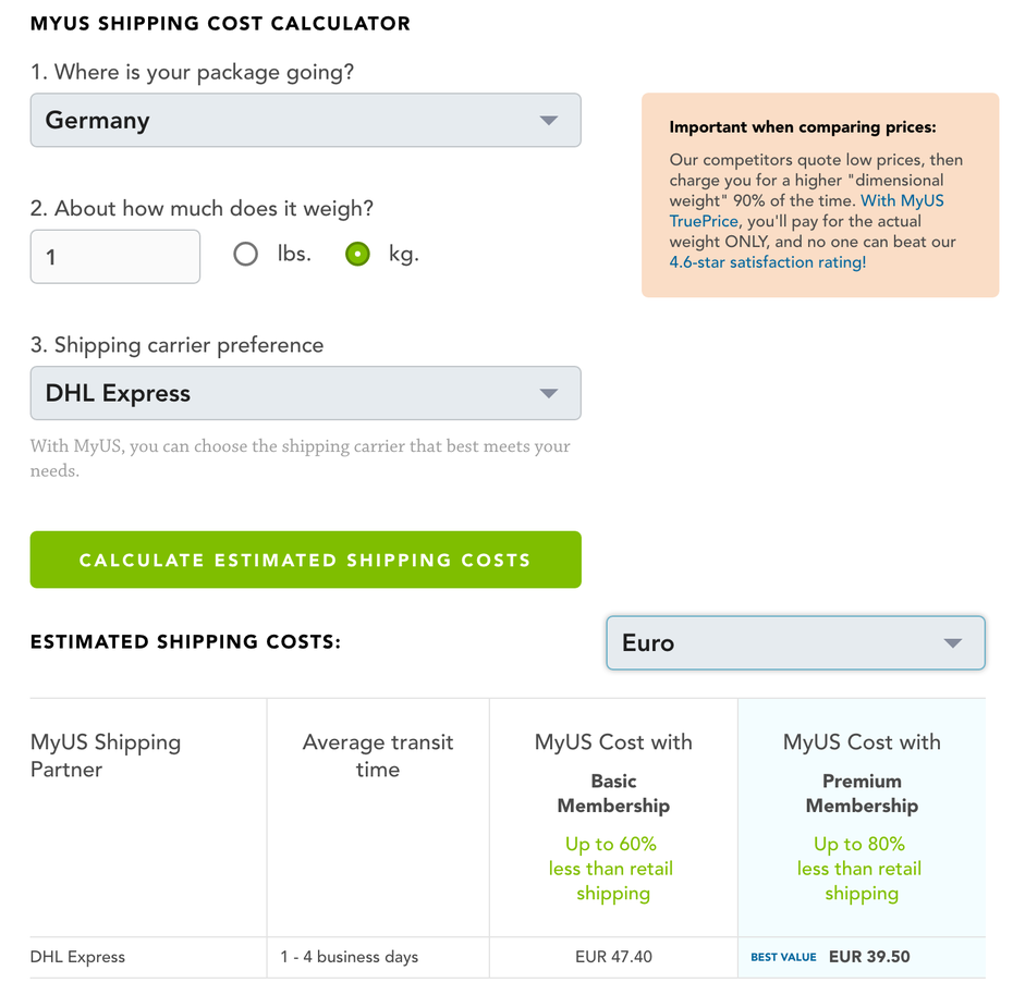 Fast alle Anbieter haben einen Kostenrechner auf ihrer Webseite, mit dem sich die Kosten für ihre Dienstleistung berechnen lassen. (Screenshot: myus.com)