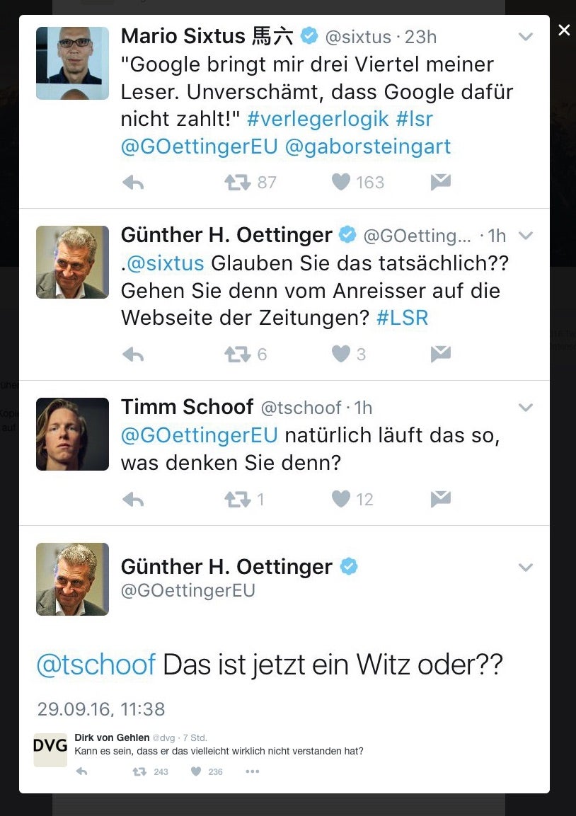 Leistungsschutzrecht: Oettinger äußert sich bei Twitter zur Internetnutzung. (Screenshot: Twitter/t3n)