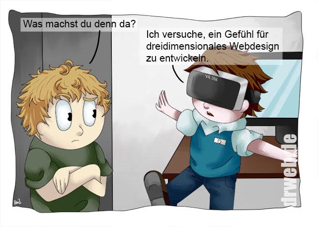 Gutwilliger Webdesigner auf der Suche nach dem Sinn der VR. (Cartoon: Dieter Petereit für Dr. Web Magazin)