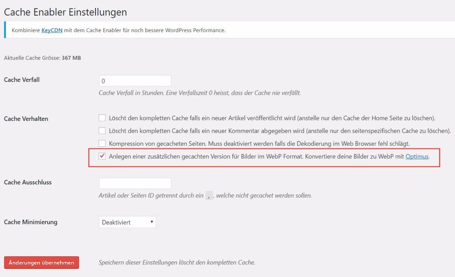 Cache-Enabler: Hier ist ein Haken zu setzen. (Screenshot: t3n)