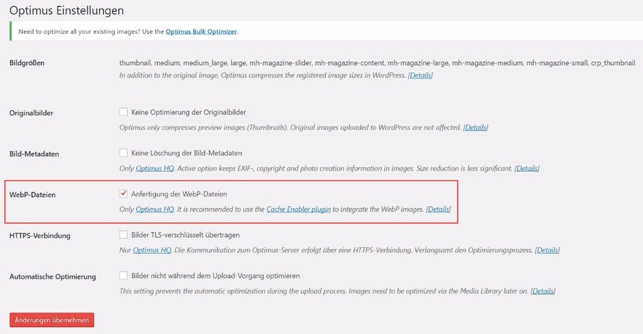 Optimus HQ: Die WebP-Unterstützung ist der kostenpflichtigen Version vorbehalten. (Screenshot: t3n)