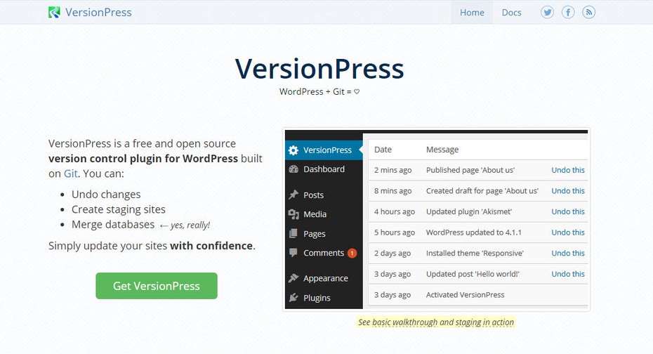 VersionPress, die umfassendste Verbindung zwischen WordPress und Git. (Screenshot: t3n)