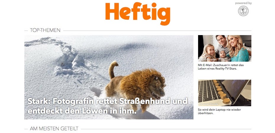 Heftig: Mit Clickbaiting zum Erfolg und jetzt Teil des Funke-Verlags. (Screenshot: heftig.co/t3n.de)