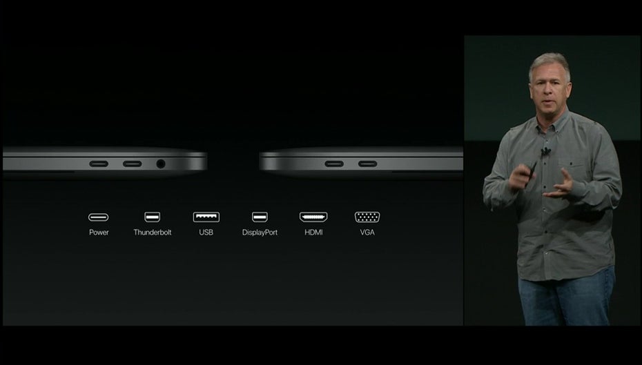 Apple erklärt, dass USB-Typ-C universell wie kein anderer Anschluss ist. Thunderbolt 3 wird auch unterstützt. (Bild: Apple) 