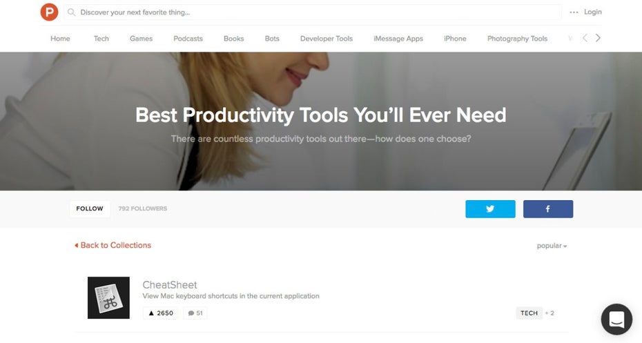Für mehr Produktivität am Arbeitsplatz: Dieser Product-Hunt-Collection solltest du folgen. (Screenshot: t3n.de)