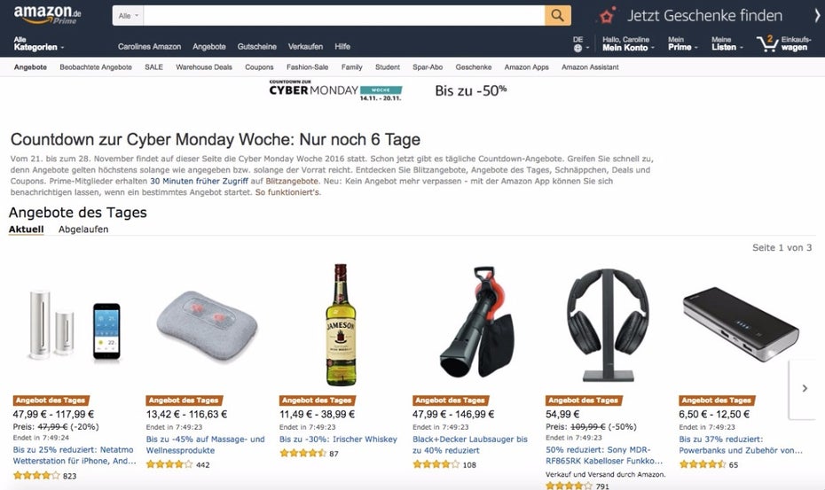 Auch dieses Jahr gibt es wieder einen Cyber-Monday-Countdown bei Amazon. (Screenshot: Amazon)
