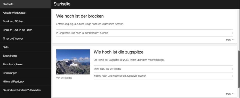 Wissenslücken: Alexa weiß nicht, wie hoch der Brocken ist. (Bild: t3n)