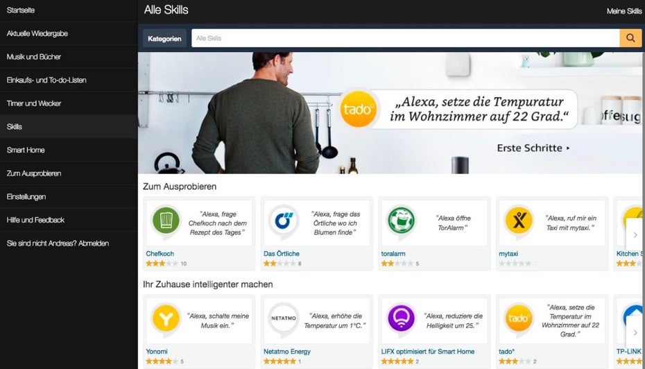 Neben den integrierten Funktionen kann Amazon Echo per „Skills“ um zahlreiche Features ergänzt werden. (Bild: t3n)