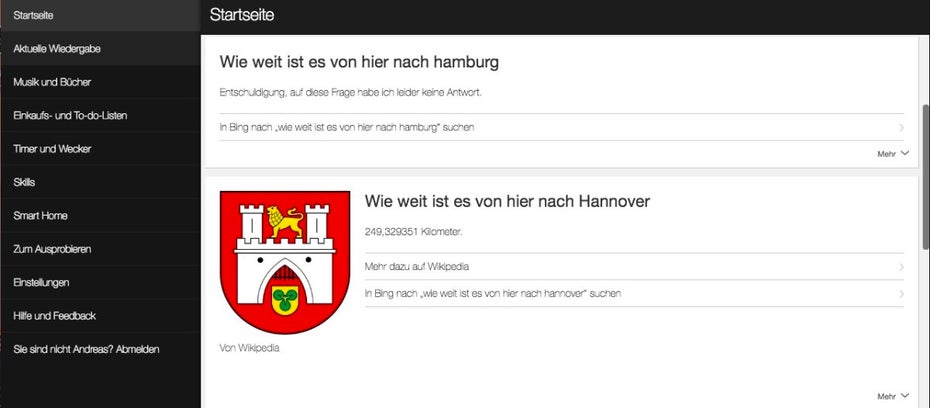 Erratisch: Alexa weiß wie weit es von Berlin nach Hannover ist. Die Entfernung nach Hamburg ist dem Assistenten aber unbekannt. (Bild: t3n)