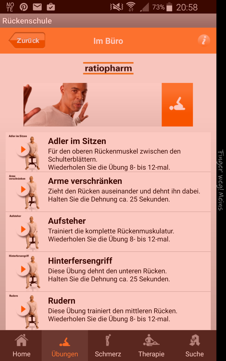 Apps für die Mittagspause - den Rücken schnell wieder fit machen (Screenshot: ratiopharm)