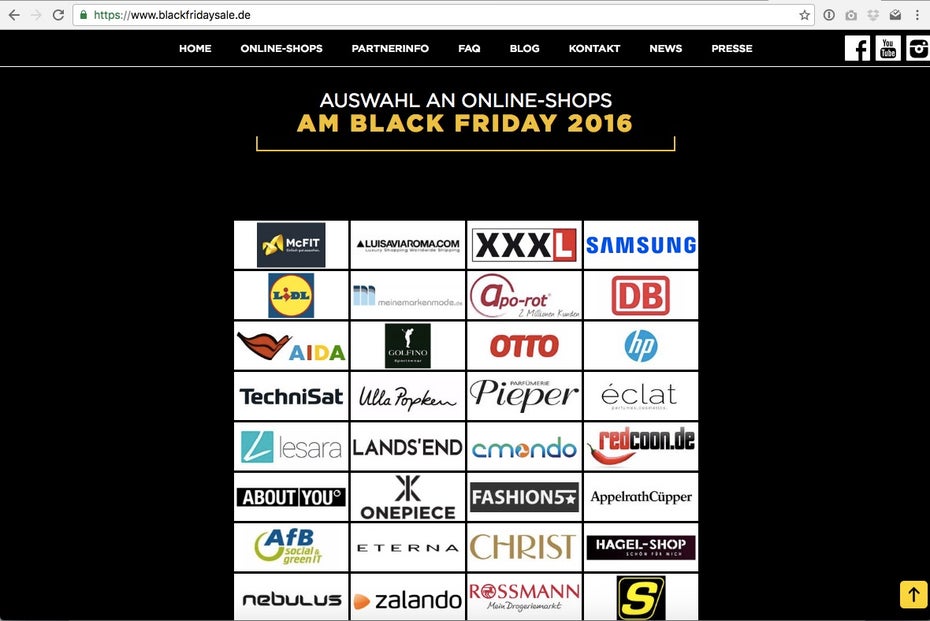 Die Aufstellung der anscheinend bei Blackfridaysale.de vertretenen Marken ist beachtlich. (Screenshot: Blackfridaysale.de)