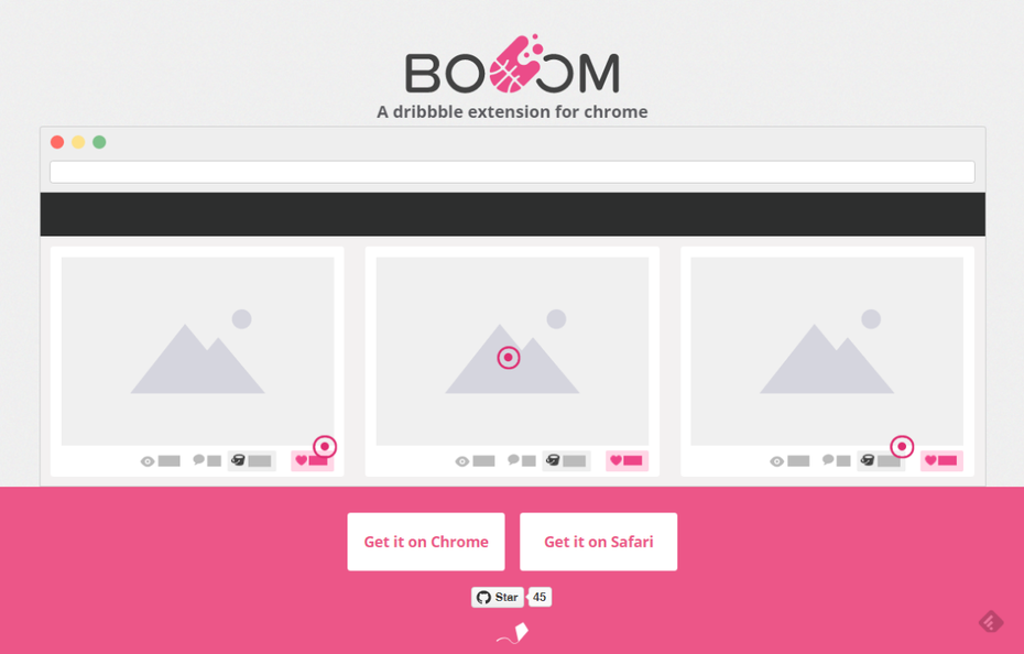 „Booom” bringt Features, die Dribbble selber bieten sollte, es aber nicht tut. (Screenshot: t3n)