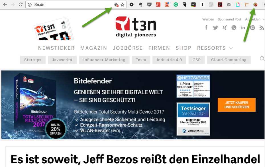 „Disable Cookies” zeigt dir, wie eine Website auf das Verhindern von Cookies reagiert. (Screenshot: t3n)