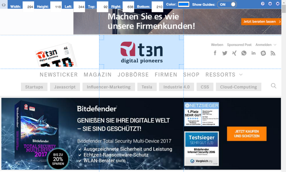 „Page Ruler“ vermisst eure Webseiten. (Screenshot: t3n)