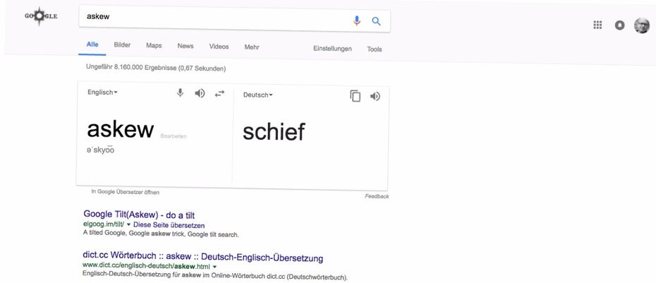 Askew: Googlesuche in schräg. (Bild: t3n; Google)