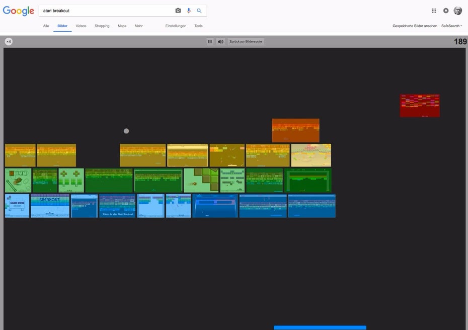 Eines der verspielteren Google-Eastereggs: Atari Breakout. (Bild: t3n; Google)