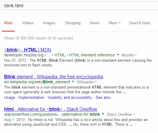 Eines der nervigeren Google-Eastereggs: Kein Bling-Bling, aber Blink-HTML. (Bild: Google)