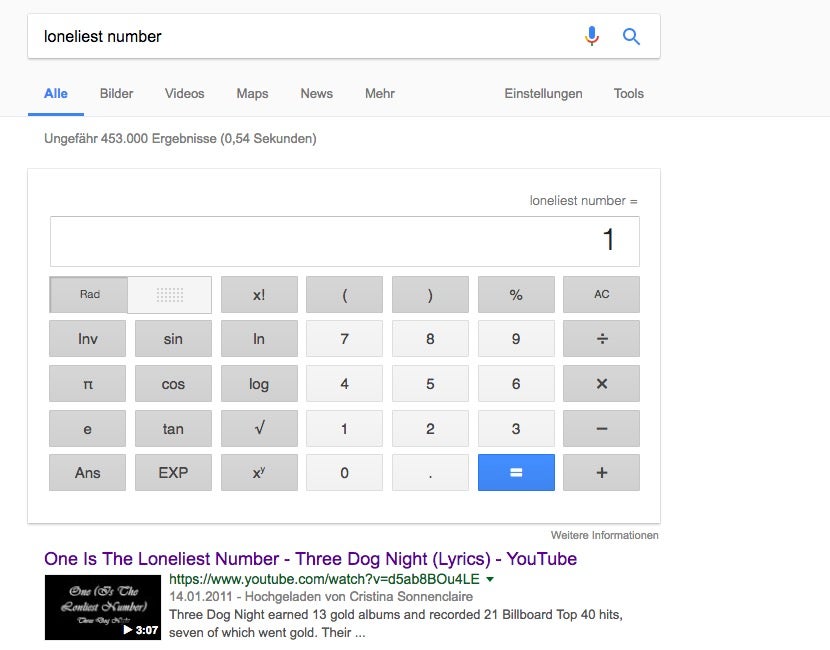 Google-Easteregg: die einsamste Zahl. (Bild: t3n; Google)