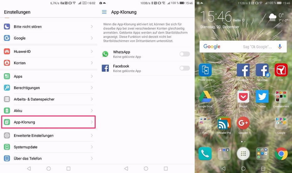 Zweimal WhatsApp auf dem Mate 9: App-Klonung machts möglich. (Bild: t3n)