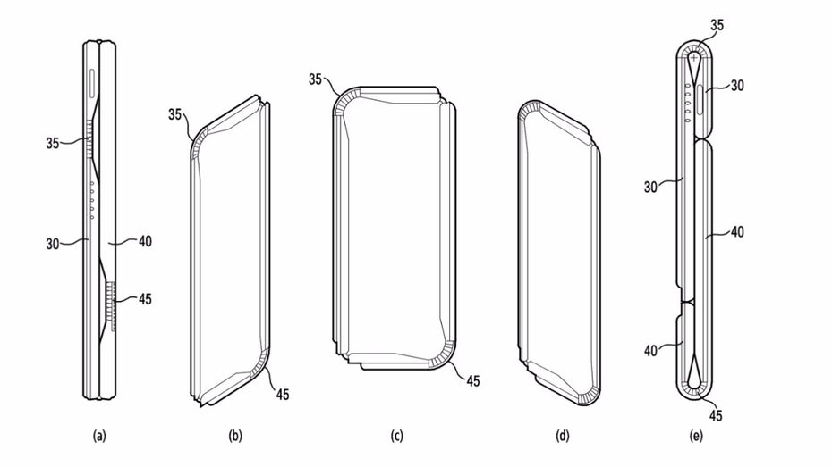 Das „Samsung Galaxy X“ lässt sich den Patentskizzen zufolge auseinanderziehen und  falten. (Bild: Kipris)