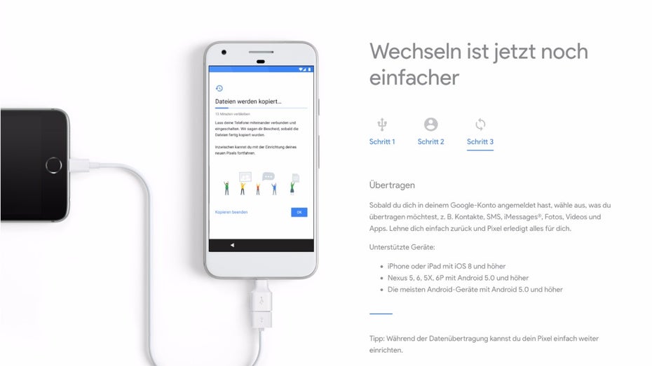 Google bietet für seine Pixel-Phones zusätzlich eine kabelgebundene Datenmigration an. (Bild: Google) 