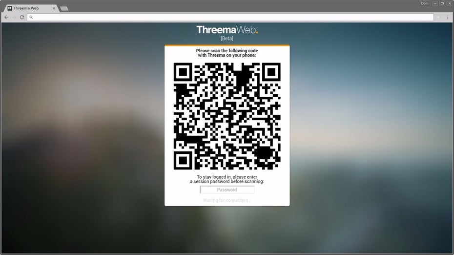 Wie bei Whatsapp Web findet der Verbindungsaufbau zwischen App und Browser per QR-Code statt. Optional könnt ihr für die Wiederherstellung einer Session ein Passwort vergeben. (Bild: Threema)