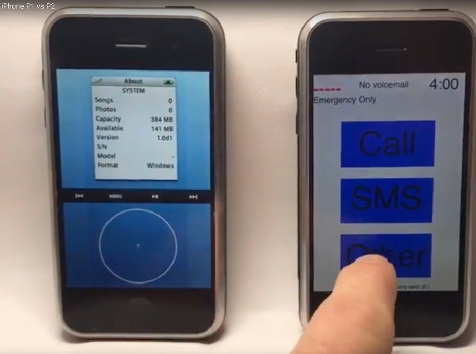 iOS-Prototyp: Zwei konkurrierende Systeme vor dem ersten iPhone in Aktion. (Screenshot: Sonny Dickson/Youtube/t3n)