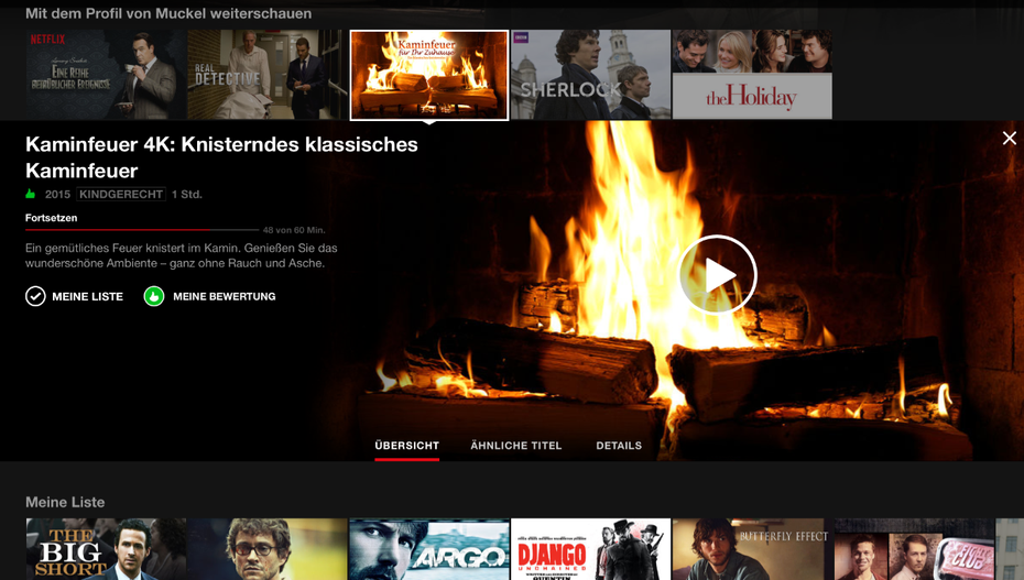 Netflix Benutzeroberfläche, mit der Auswahl "Kaminfeuer 4K: Knisterndes klassisches Kaminfeuer".