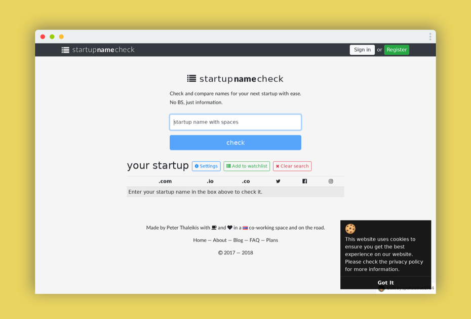 Die Website startupnamecheck.com hilft mit einer tabellarischen Übersicht verfügbarer Social-Konten. (Screenshot: t3n)