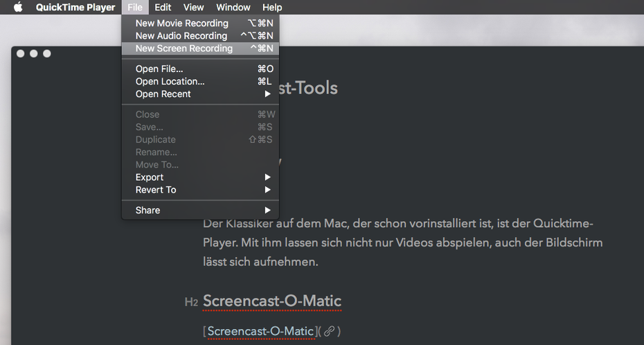 macOS bringt den Quicktime Player mit, der auch als Screencast-Software dienen kann. (Screenshot: Quicktime)