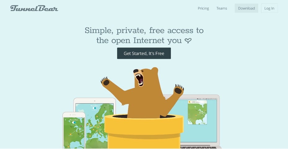 Neben Clients für Computer und Smartphones bietet der VPN-Dienst Tunnelbear auch Browser-Erweiterungen an. (Screenshot: tunnelbear.com)